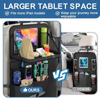 Car Backseat Organizer with Detachable Steering Wheel Tray, 11-Pockets Storage & Tablet Holder, Kids Kick Mats Protector - Travel Accessories (1-Pack)