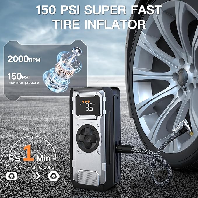 5000A Portable Car Jump Starter with Air Compressor, 150PSI Car Battery Jump Starter (10.0L Gas/8.0L Diesel Engines),12V