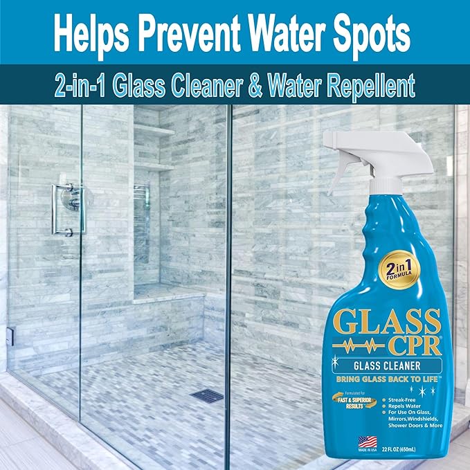 Glass CPR 2-in-1 Glass Cleaner & Water Repellent (22oz) + 2 Microfiber Applicator Towels | Deep Cleaning for Glass, Mirrors, 