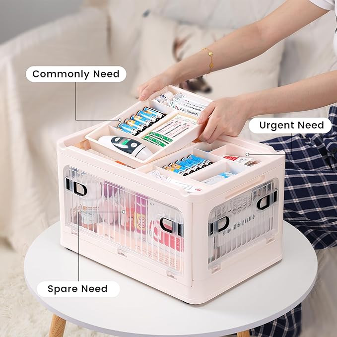 24 QT Medicine Organizer Storage Box with Removable Tray, Extra Large Collapsible First Aid Box Empty, Clear Medicine Contain
