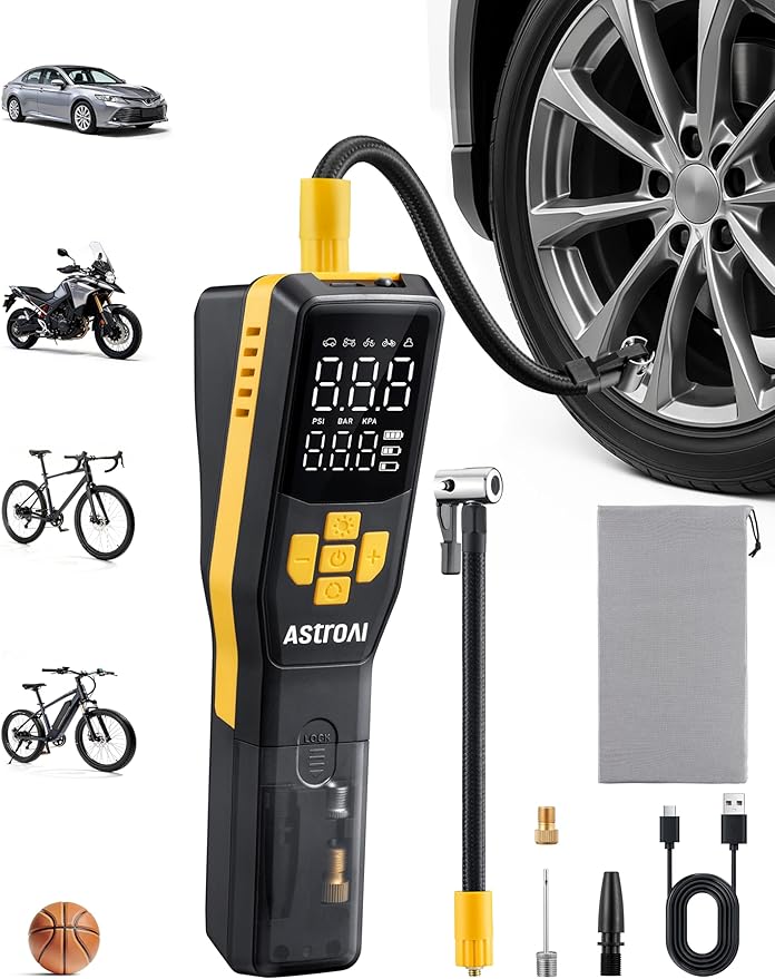 AstroAI 150 PSI Tire Inflator Portable Air Compressor for Car Tires, Cordless Bike Pump with LCD Display, Auto Shut-Off, 5 Modes Air Pump for Car Motorcycle Bicycle Balls, LED Light & Storage Design