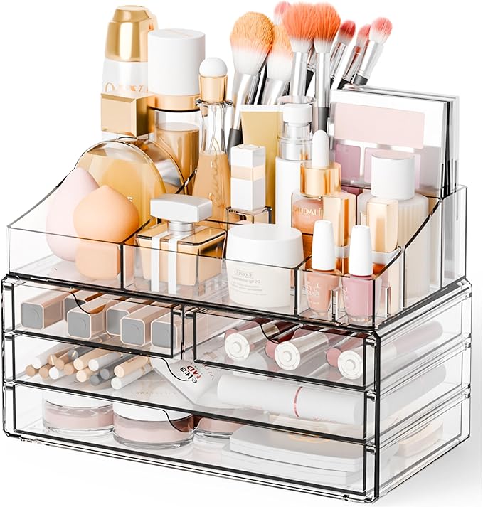 Yieach Acrylic Make up Organizers for Counter,Desk and Vanity,2 Pack Stackable Bathroom Counter Organizer with Drawers,Large 