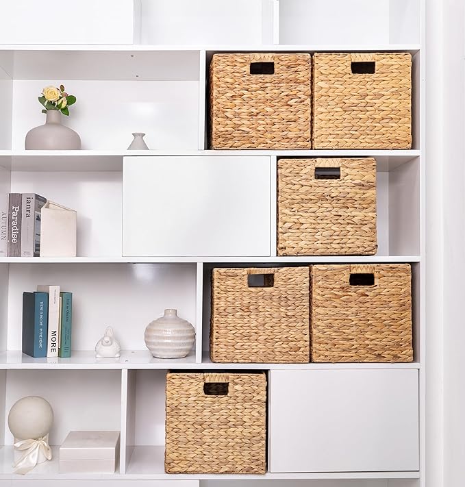 M4DECOR Storage Cube 10.5 x 10.5in, Wicker Storage Baskets for Shelves, Water Hyacinth Storage Baskets, Square Wicker Storage