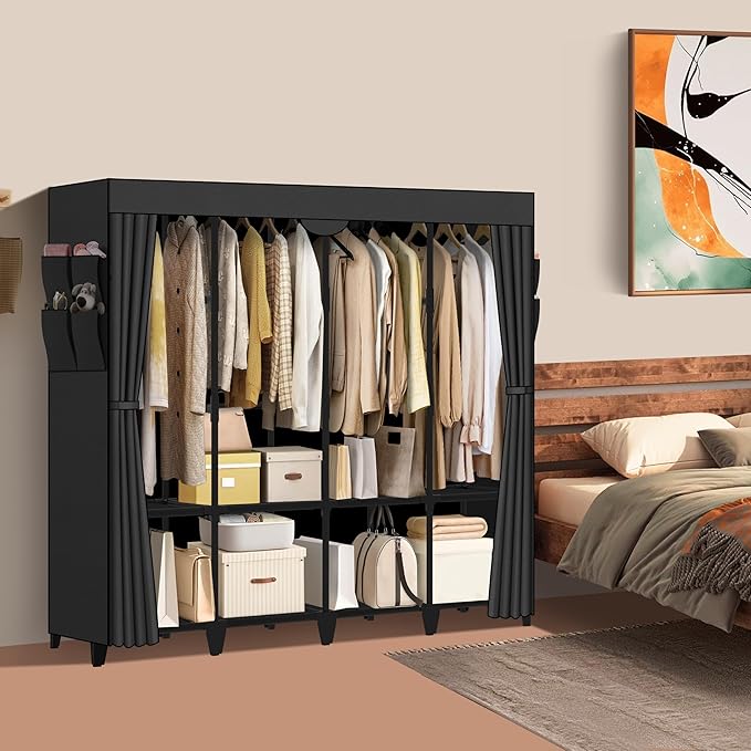 Wardrobe Closet, Quick and Easy Assembly, Black Large Capacity Portable Closet with 4 Hanging Rods 8 Storage Shelves and 8 Si