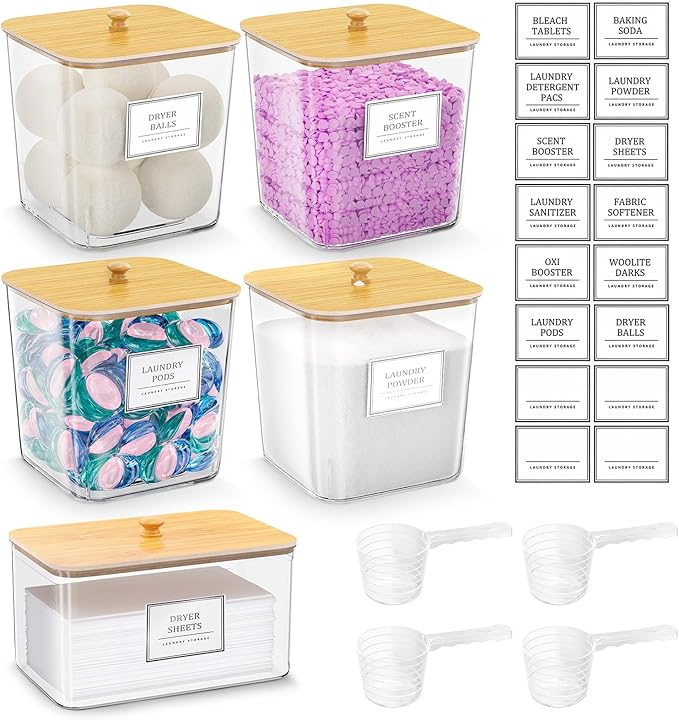 4+1 Pack Laundry Room Organization Containers,Clear Laundry Pods Container,Large Laundry Detergent Powder Storage Containers 