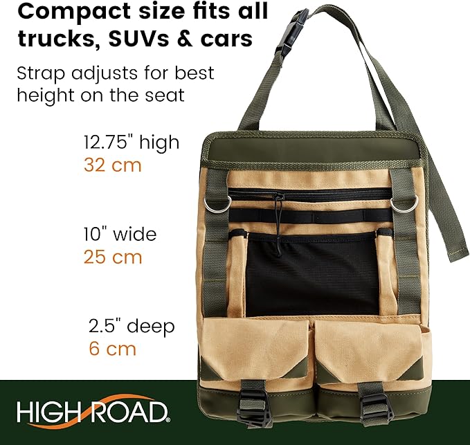 High Road Cotton Canvas Front Seat Organizer with Tablet and File Compartments, 9-pocket Car Office Passenger Seat Organizer