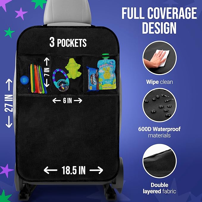 2 Pack Kick Mats Back Seat Protector - Backseat Car Organizer for Kids, Car Storage Organizer, Back Seat Cars Organizers, Cars Organizers Backs Seats, Travel Accessories, 3 Pockets