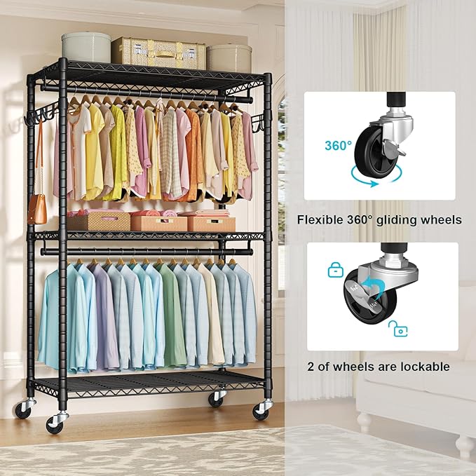 FUTASSI P1 Plus Rolling Clothes Rack, 22mm Diameter Heavy Duty Garment Rack with Wheels, Portable Closet Wardrobe with Double