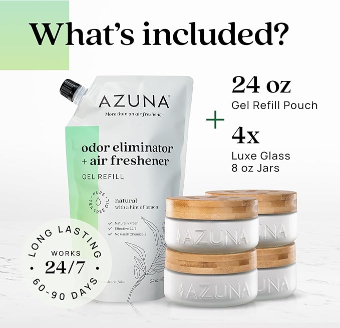 Azuna Air Freshener & Odor Eliminator for Strong Odor | 4 Room Kit Includes (4) 8 oz. Empty Luxe Glass Jars & 24oz Gel | Refi