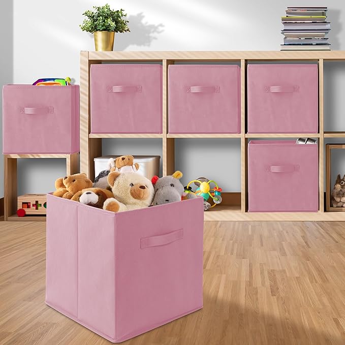 Casafield Set of 6 Collapsible Fabric Cube Storage Bins, Light Pink - 13" Foldable Cloth Baskets for Shelves, Cubby Organizer