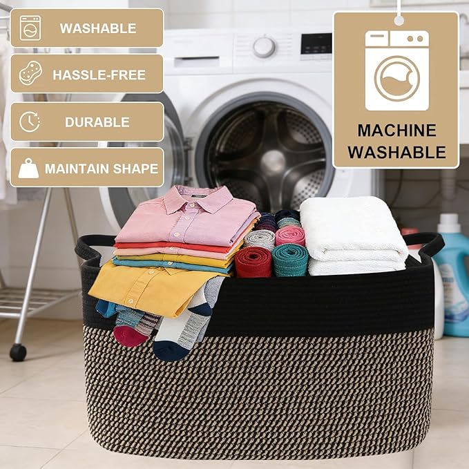 96L Large Blanket Basket,24"x16"x15"Rectangle Storage Bin with Handles,Woven Rope Laundry Basket for Toys, Clothes,Magazines,