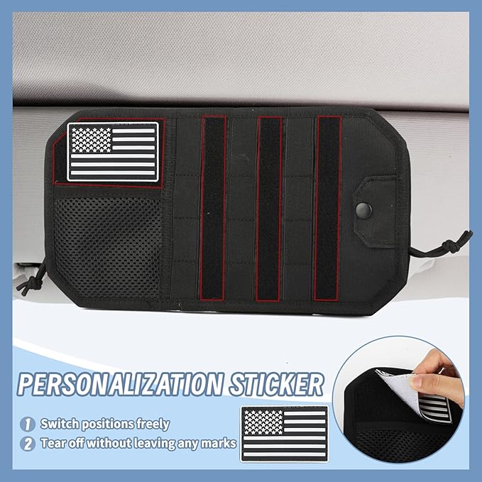 Car Sun Visor Organizer with 3 Extended Straps, Tactical Visor Molle Panel for Trucks SUVs, Heavy Duty 1000D Nylon Storage Pouch for Sunglasses, Cards, EDC Gear, Black