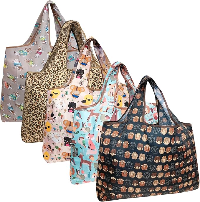 allydrew Large Foldable Tote Nylon Reusable Grocery Bags, 5 Pack