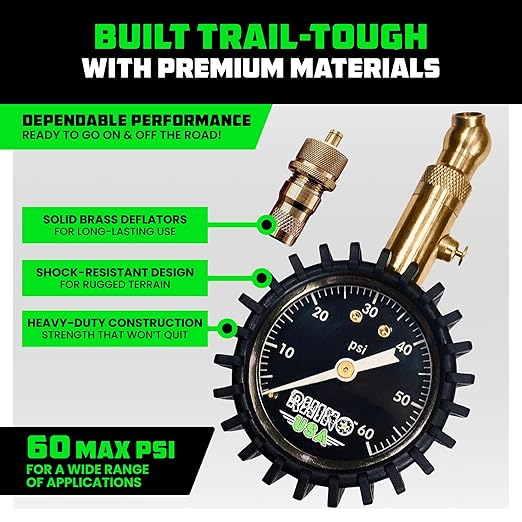 Rhino USA Adjustable Tire Deflators with Gauge (0-60psi) Calibrated & Automatic Tire Air Down Tool - Large 2" Easy Read Glow Dial & Solid Brass Hardware - Best Offroad Deflator for Jeep, Truck or ATV