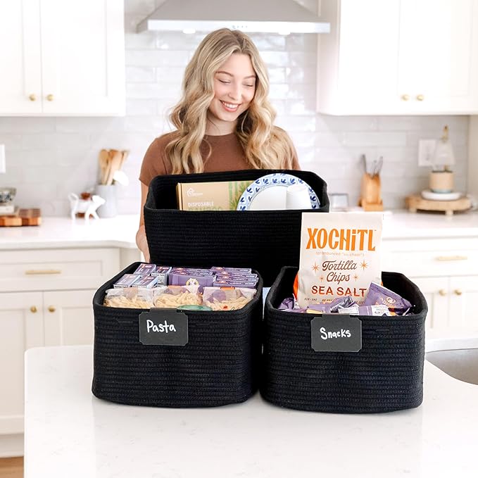 NaturalCozy Storage Baskets 16.8”x13”x7.6” Cotton Rope Woven Baskets for Organizing 3-Pack | Toy Storage Bins | Basket for Sh