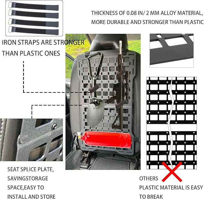Metal Rigid Molle Panels for Vehicles - Alloy Truck Mount Rack Tactical Seat Back Organizer - Adjustable, Versatile Panel - Stronger Than Plastic - 4 Loop Fasteners - Eco-Friendly