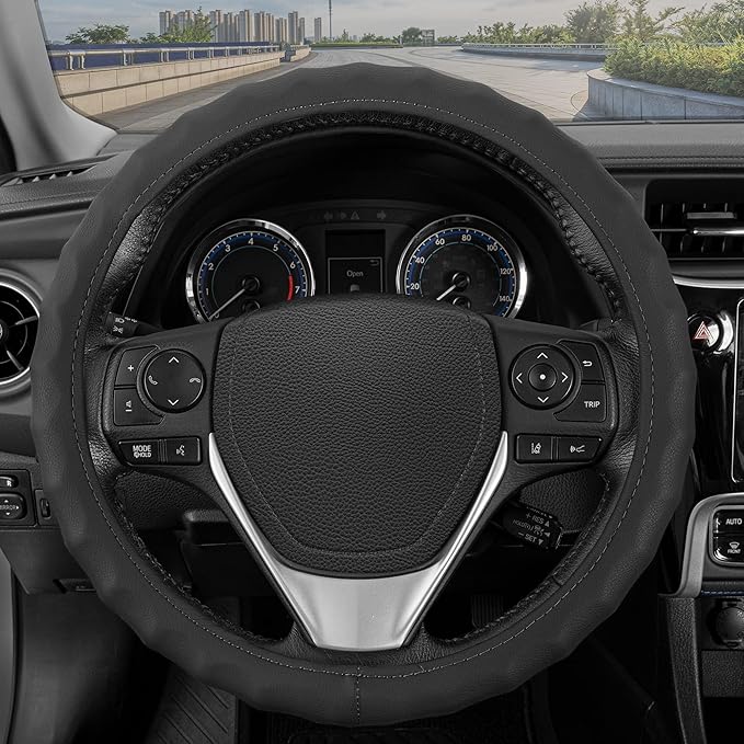 BDK Genuine Black Leather Steering Wheel Cover for Car, Large 15.5-16 inch – Ergonomic Comfort Grip for Men & Women, Car Stee