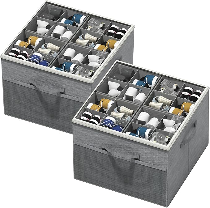 Aokeyee Shoe Organizer for Closet,2 Pack Foldable Shoe Storage Organizer Box Bin with Adjustable Dividers and Clear Cover, Fi