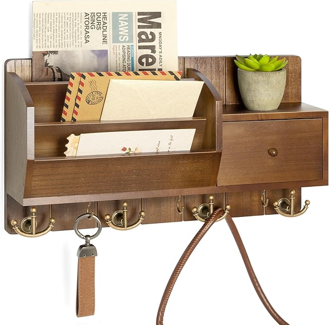 Key Holder Wall Mount with Mail Sorter - Modern Farmhouse Key and Mail Organizer with Hooks and Mini Drawer for Home Decor - 