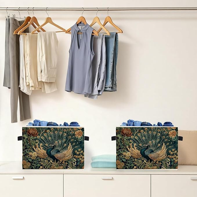 Peacock Floral Storage Box Bins, Vintage Cottagecore Wildflower Peacock Collapsible Storage Basket Organizer for Bedroom Laun