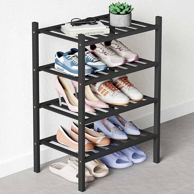 Smiry Bamboo Shoe Rack for Closet, 4 Tier Small Wooden Stackable Shoe Organizer, Free Standing Shoes Storage Shelf for Entryw