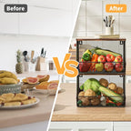 Stackable Fruit Basket for Kitchen Countertop Space Saving, Wall Mounted Mesh Metal Wire Baskets with Wood Lid Extra Storage,