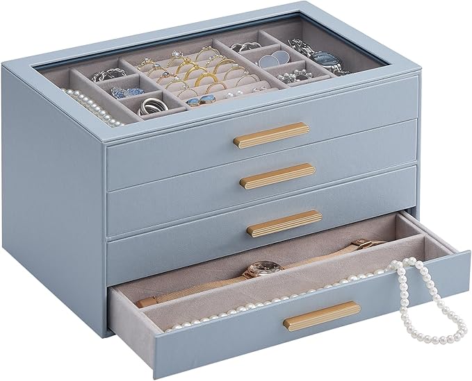 Lolalet Jewelry Box Organizer, 4-Layer Jewelry Organizers and Storage Case with Glass Lid, Ring Earring Bracelet Necklace Hol