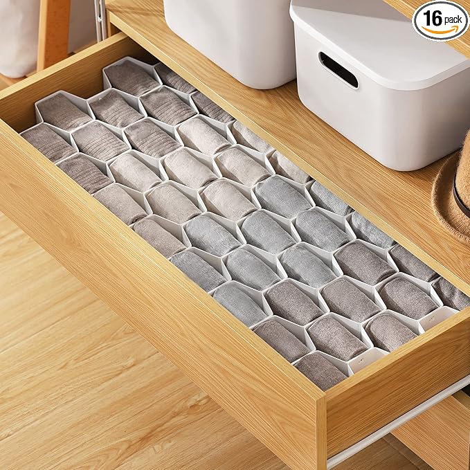 MORNITE 2 Sets Sock Drawer Organizer, Drawer Divider Organizer for Underwear Socks Ties Belts Assemble Honeycomb Separator Cl