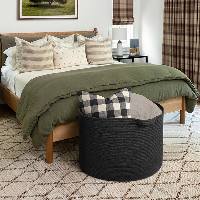 MEGASKET 115L Super Large Black Blanket Basket, 23.6"x15.7" Woven Rope Bin for Storage, Oversized Kids Dog Toy Storage Box Bi