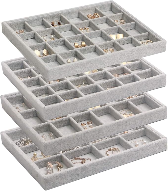 DIOMMELL Set of 4 Stackable Velvet Jewelry Trays Organizer, Jewelry Display Storage Box Showcase Holder Dresser Drawer Organi