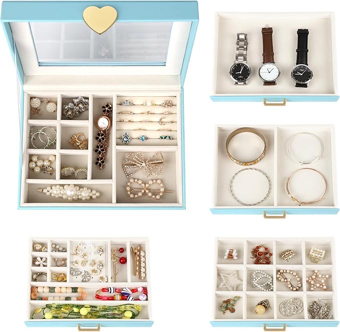 Kendal Jewelry Box, 5-Layer Jewelry Organizer Box with Glass Lid, Blue, Heart Shaped PU Leather, Storage Box for Necklace Ear