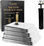 Vacuum Storage Bags – 12 Pack with Hand Pump | Space Saver Compression Bags for Clothes & Bedding | Extra Thick, Airtight Dou
