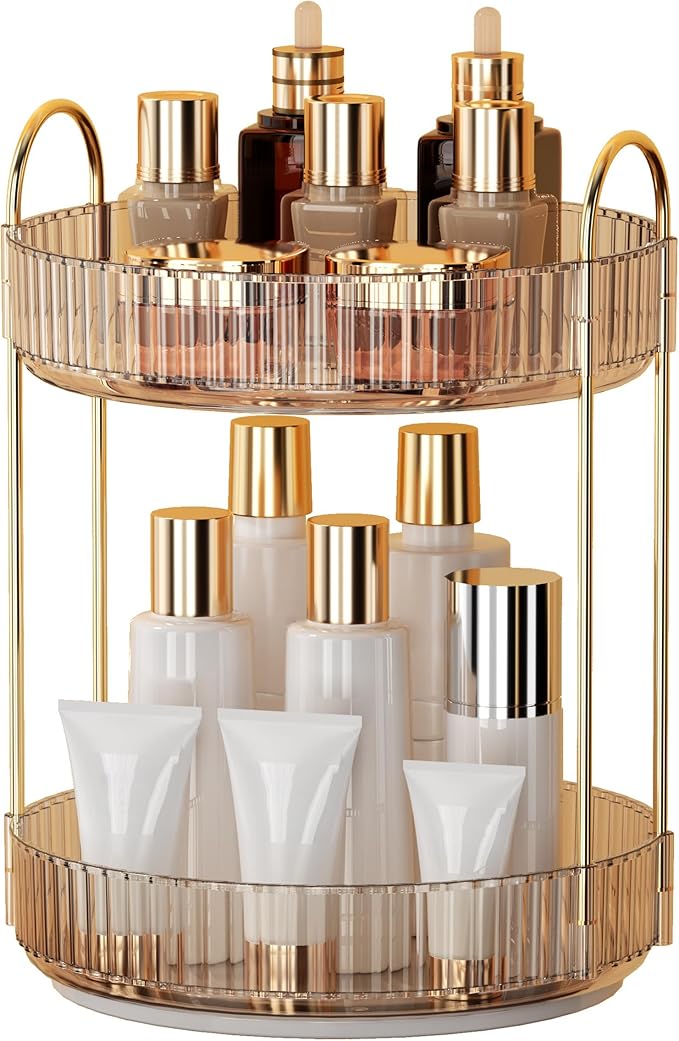 YCIA&DONE 360 Rotating Makeup Organizer and Storage for Vanity Countertop 2 Tiers, High Capacity Cosmetic Skincare Perfume Or