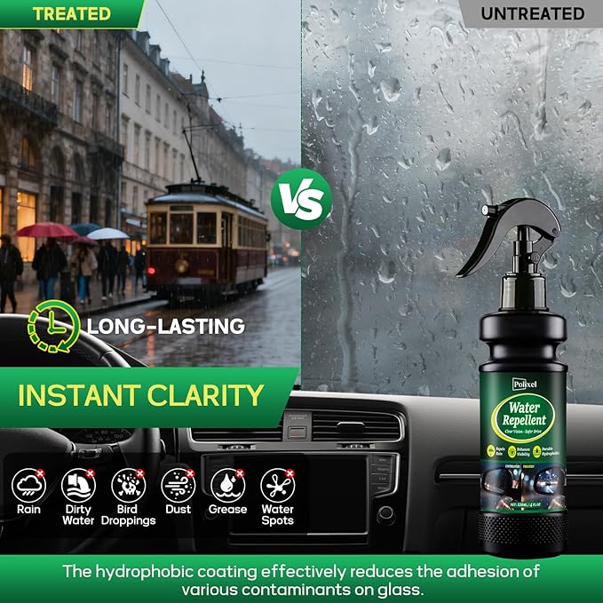 Water Repellent Spray for Car Windshield & Glass - Long Lasting Rain Repellent & Hydrophobic Coating for Windshield, Glass, W
