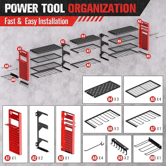 49.8" W Super Large Power Tool Organizer Wall Mount,4-Layer Heavy Duty Tool Storage with 18 Cordless Drill Holder,600 lb Capa