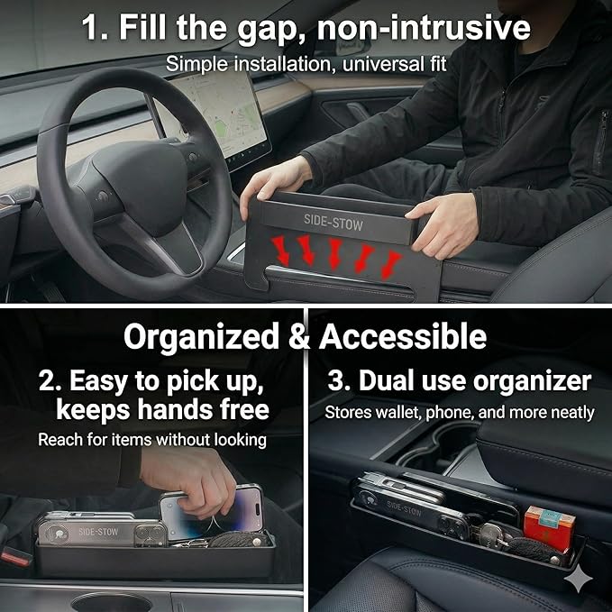 Steering Wheel Tray for Tesla Model 3 Y S X and Other Compact Cars, 2-in-1 Car Food Tray and Seat Gap Organizer, Compact Desk for Eating, Writing, Quick Work and Storage, Black