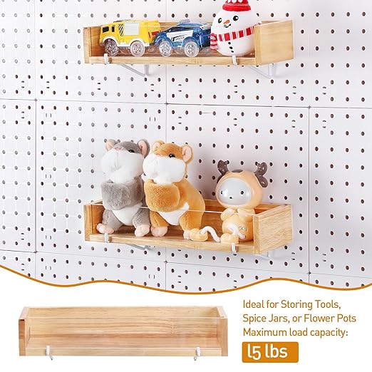 Marsui 2 Pcs Wooden Pegboard Shelf with Acrylic 12.2 x 3.94 Inch Wood Display Shelves Brackets with Metal Hooks Heavy Duty Pe