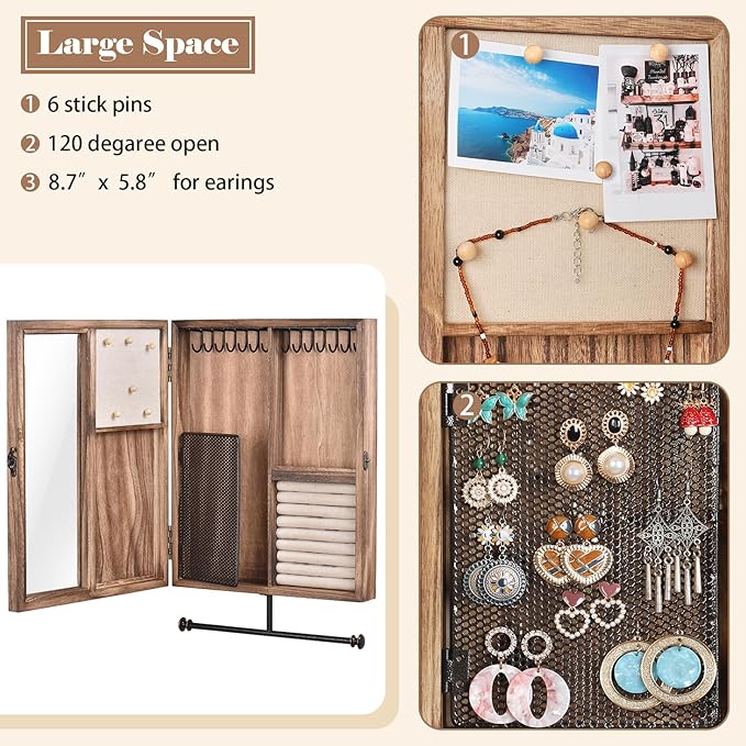 Keebofly Wall Mounted Jewelry Organizer Box Rustic Wood Large Space Jewelry Cabinet Holder Jewelry Storage Box for Necklaces,