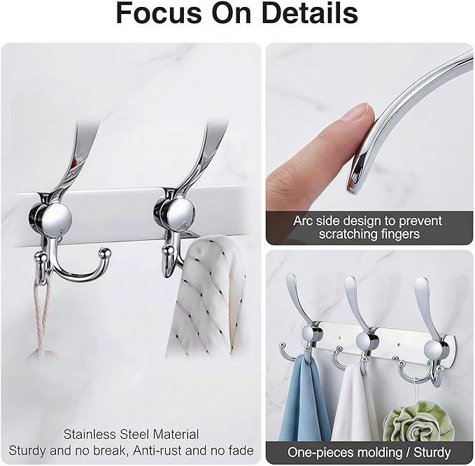 Stainless Steel Wall Hooks for Clothes, Multifunctional Towel Hat Rack Organizer, Wall Mounted Coat Rack Durable Hangers for 