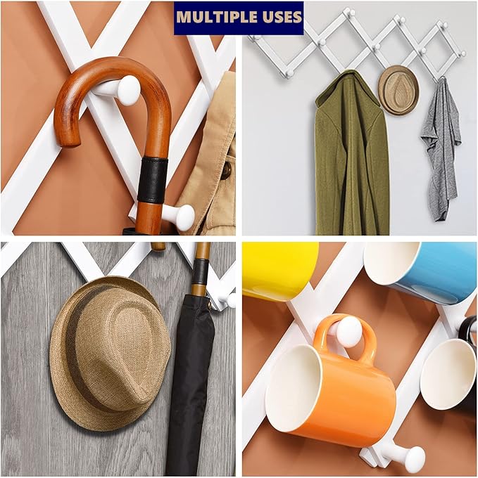 Amber Home Wood Accordion Wall Rack 13 Hooks (Pegs), Expandable Wall Mounted Hanger for Coat, Hat, Scarf, Coffee Mugs, X Shap