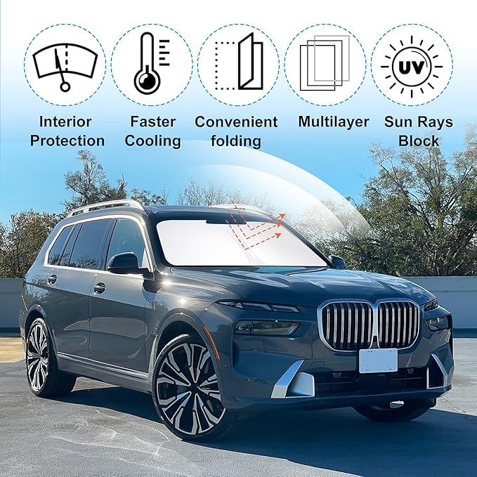 TINGLU Sun Shade for BMW X7 3.0L xDrive40i 2021-2025 2026 Accessories Windshield Sun Shade Window Shade UV Rays Protection Sun Visor Cover with Steering Wheel Sunshade Storage Bag