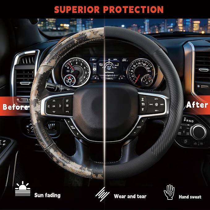 Steering Wheel Cover for Dodge Ram 1500, Ram 2500, Ram 3500, Fit 15.5-16" Wheels (Black-Half Carbon Fiber)