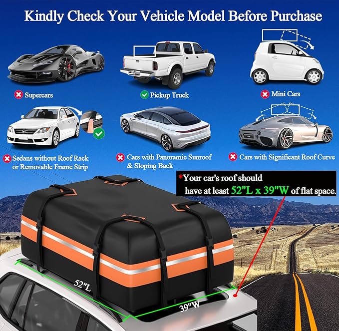 Rooftop Cargo Carrier - Car Roof Bag, 1000D PVC Soft-Shell Waterproof for Cars with/Without Racks, Includes Anti-Slip Mat, Storage Bag, Luggage Lock, 6 Extra Straps, 21 Cubic Feet