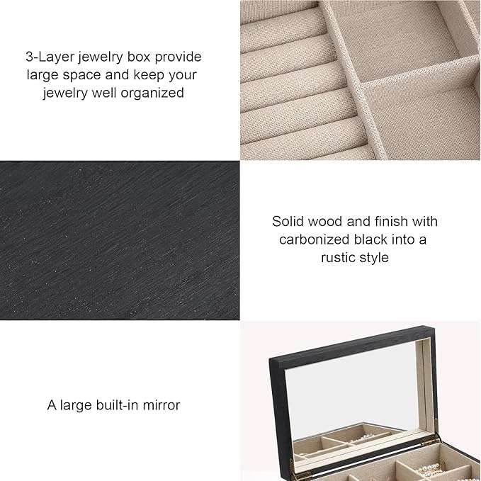 Meangood Jewelry Box Organizer for Women, 3 Layer Large Jewelry Storage Case, Rustic Wooden Jewelry Box with Mirror & Ring Tr