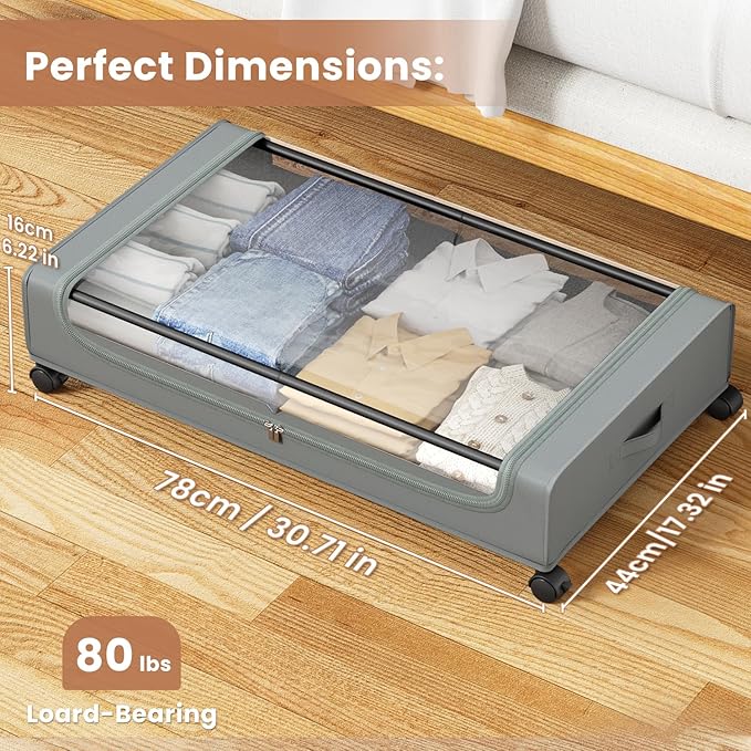 Under Bed Storage Containers with Clear Lid, Large Under Bed Storage with Wheels,6.22"H Under Bed Containers Rolling Under Be