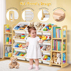 Kids Toy Storage Organizer with Bookshelf – Wooden Shelf with 16 Bins & 6 Shelves, Quick Assembly Storage Rack for Playroom, 