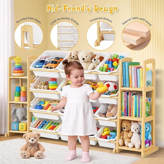 Kids Toy Storage Organizer with Bookshelf – Wooden Shelf with 16 Bins & 6 Shelves, Quick Assembly Storage Rack for Playroom, 
