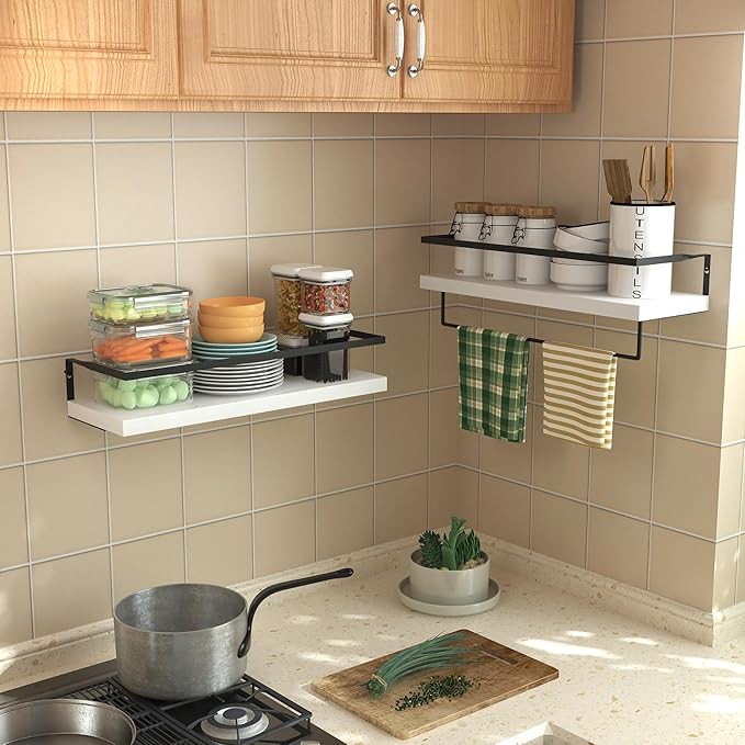 White Wood Floating Shelves Wall Mounted - 2+1 Tier Rustic Bathroom Wall Shelves Over Toilet with Towel Bar, Natural Wood Set