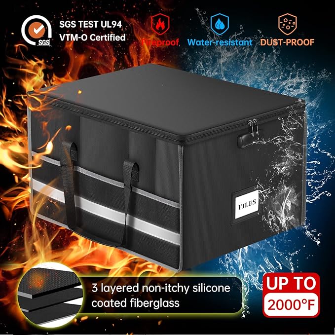 ENGPOW Fireproof Document Box with Lock, File Storage Organizer Box with Inserts ＆Mesh Pockets, Collapsible Portable Large Fi