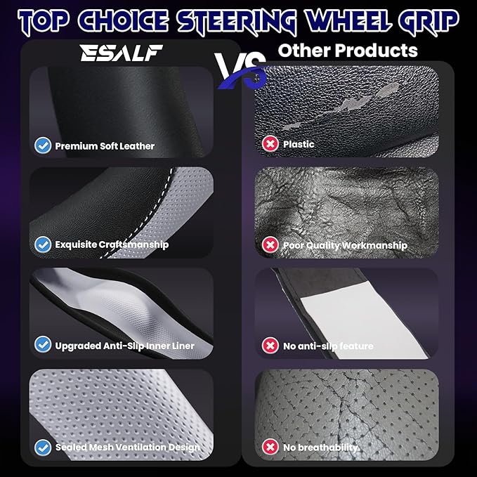 Soft Leather Steering Wheel Cover with Breathable Design and Anti-Slip Grip, Fully Compatible with Tesla, Toyota, Honda, Niss